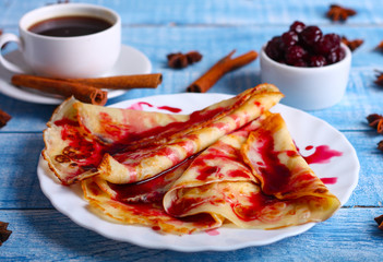 Breakfast pancakes with cherry jam