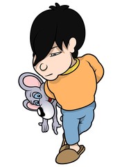 Boy Holding Mouse - Cartoon Illustration, Vector