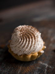 Creamy cake on the dark rustic background. Shallow depth of field.