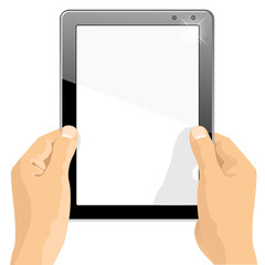 hands holding a tablet touch computer gadget with isolated screen