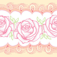 Seamless pattern with dotted rose with leaves and decorative lace in pink. Floral background in dotwork style.