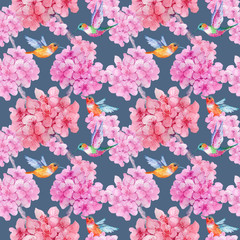 seamless pattern,rose flowers, hummingbirds .watercolor illustration