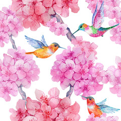 seamless pattern,rose flowers, hummingbirds .watercolor illustration