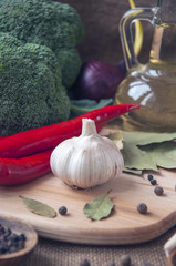 Chile pepper, garlic, onions, broccoli, coriander, cloves, olive