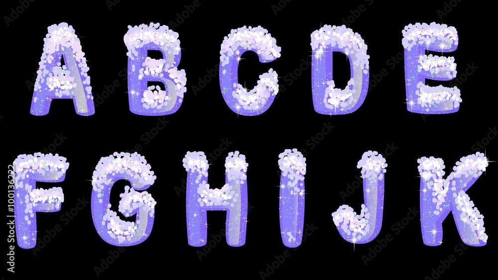 Aufkleber dynamic snowy-covered alphabet set. 2d computer animation