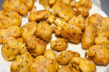 Closeup of cauliflower pakoras with selective focus