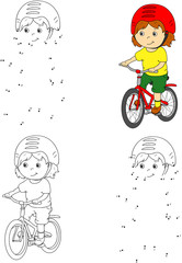 Young boy riding a bicycle in a helmet. Vector illustration. Col