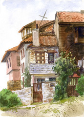  Watercolor landscape with houses
