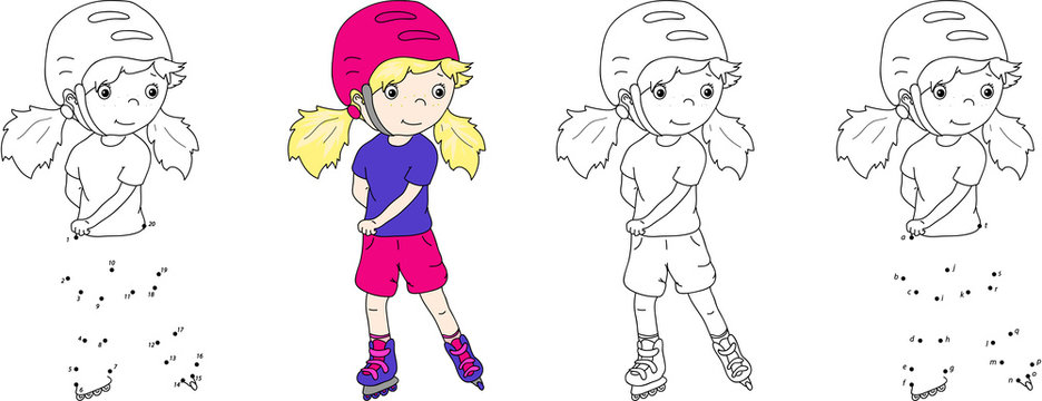 Girl roller-skating in a helmet. Vector illustration. Coloring a