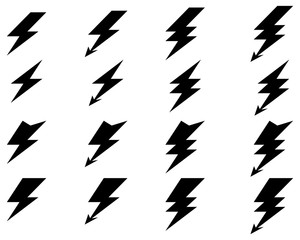 Black icons of thunder lighting, vector