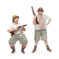 Couple of safari hunters or home guard with weapons. People isolated on white background. Gun...