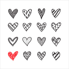 Hand drawn doodle hearts with different pattern icon set