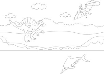 Funny cute pterodactyl, ichthyosaur and spinosaurus. Educational