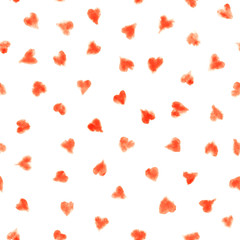 Seamless watercolor pattern with red hearts on white. Valentines day`s background.