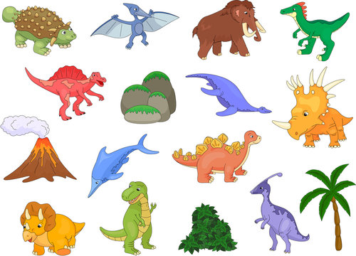 Styracosaurus, spinosaurus, ichthyosaur, tyrannosaur, pterodacty