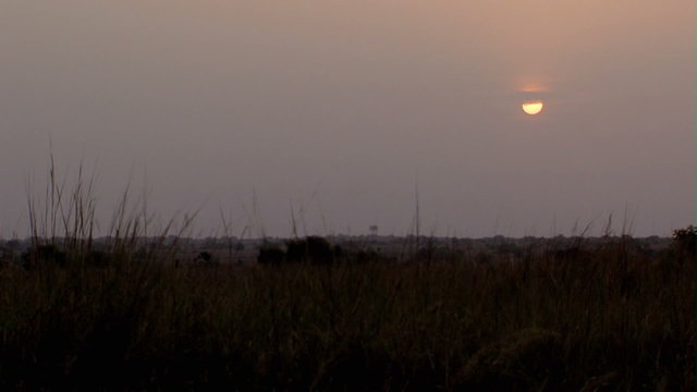 The sun setting over a grassy field in Africa.