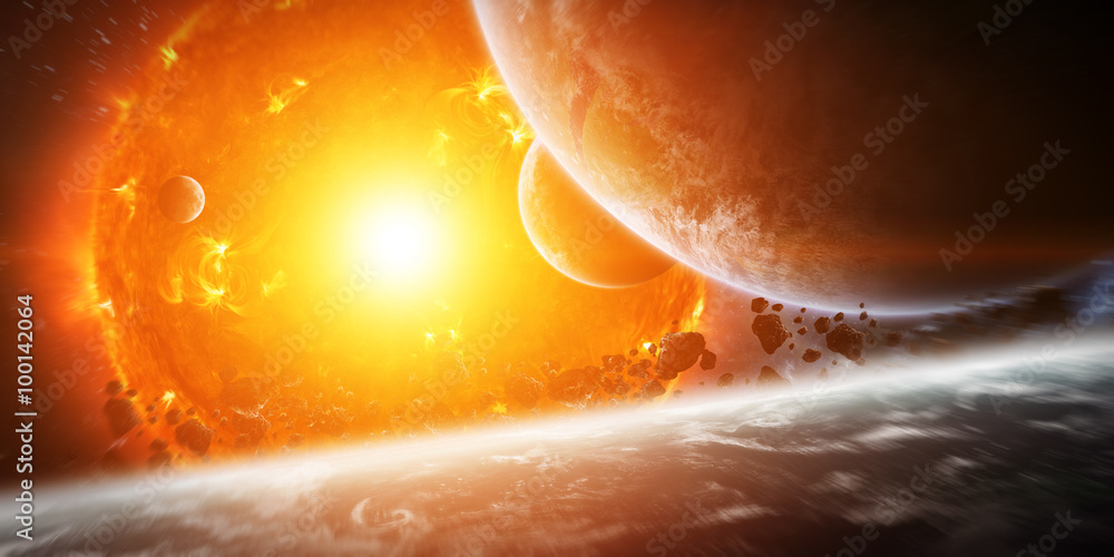 Wall mural exploding sun in space close to planet