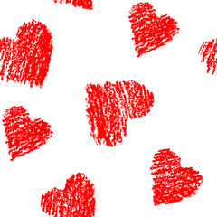 Seamless pattern with hand drawing red hearts on white. Crayon chalk valentine`s day`s design elements, vector background.