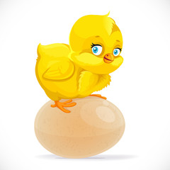 Little cute yellow cartoon chick sitting on an egg isolated on a