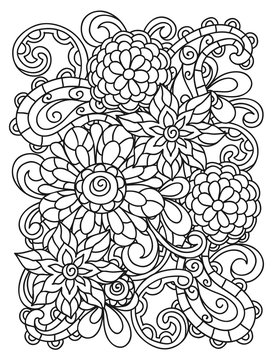 Background with line flowers for adult coloring page printing and drawing