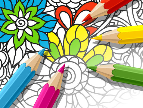 Adult coloring concept with pencils, printed pattern. Illustration of trend item to relieve stress and creativity