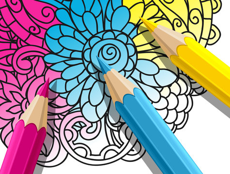 Adult coloring concept with pencils, printed pattern. Illustration of trend item to relieve stress and creativity