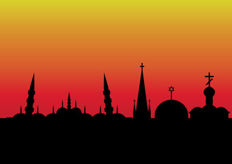 Храмы разных конфессий: православного, католического христианства, ислама и иудаизма на фоне заката
