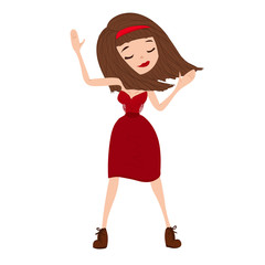 Cute, Sweet and Beautiful Hand Drawn Girl in a Red Dress Being Happy, Dancing