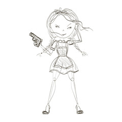 Sketched Spy Undercover Pretty Young Dangerous Girl in a Uniform with a Gun