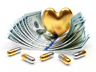 Golden heart and medical capsules on dollar bills. High cost of medicines concept