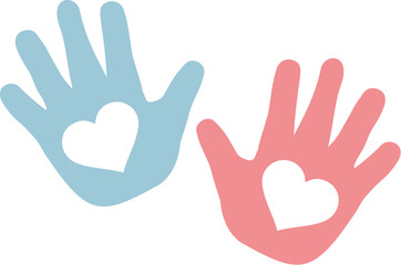 Hands of baby blue and pink with hearts