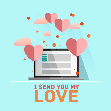 Valentine's Day Illustration. Receiving Or Sending Love Emails For Valentines Day, Long Distance Relationship. Flat IT Design