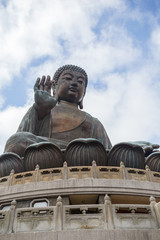 Fototapeta premium Tian Tan Buddha or Big Buddha statue in Hong Kong, China, viewed from below.