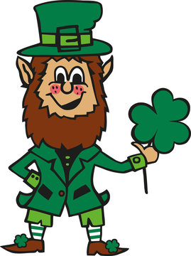 Funny cartoon leprechaun with clover in his hand