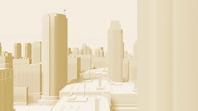 camera fly through an abstract city buildings with different height