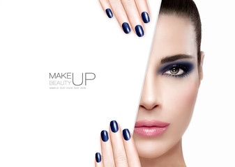 Beauty and Makeup Concept. Blue Nail Art and Make-up