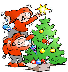 Vector Cartoon illustration of two happy Elf decorate the Christmas Tree