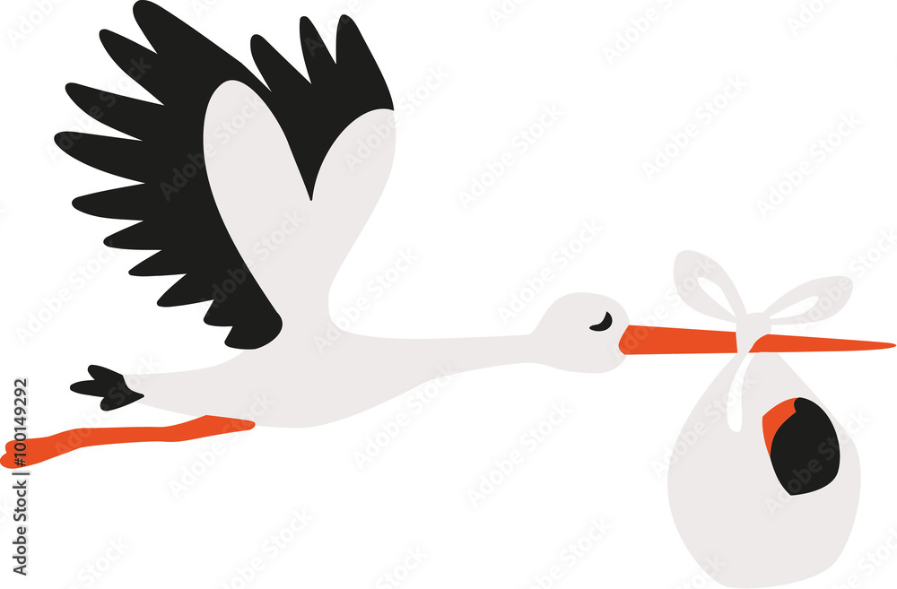 Sticker White cartoon stork delivering a baby