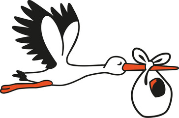 Cute stork flying with a baby bag