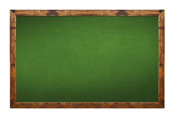 Green blackboard in wooden frame with eraser and chalk