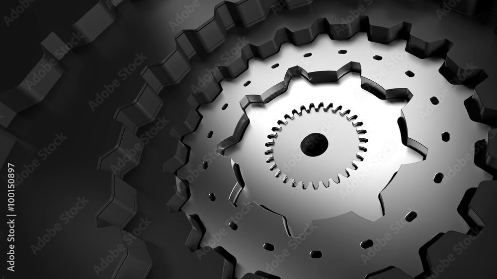 Poster mechanism structure made of different gears, different height and teeth number, one inside another. 