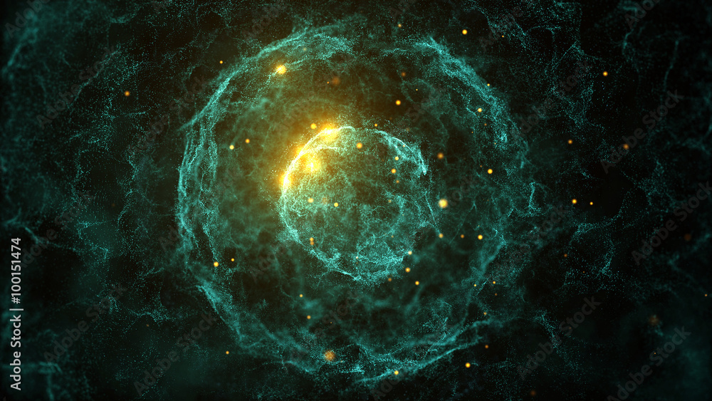 Poster abstract particles background with sphere shapes that have been heavily deformed by noise displaceme