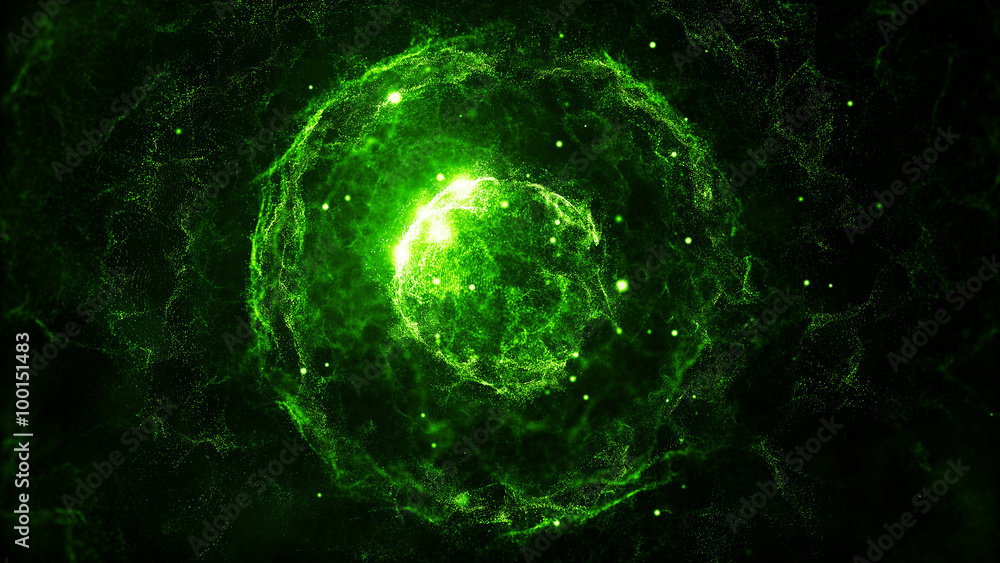 Poster abstract particles background with sphere shapes that have been heavily deformed by noise displaceme