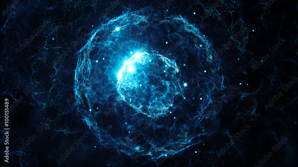 Poster abstract particles background with sphere shapes that have been heavily deformed by noise displaceme
