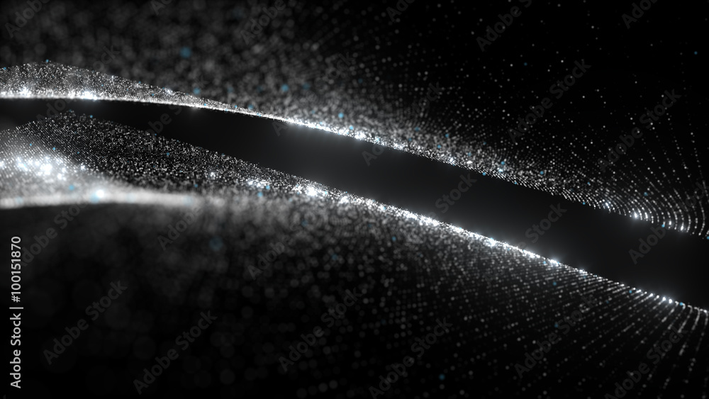 Poster abstract particle background, 3d render with depth of field, glow and randomize elements