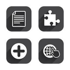 Plus circle and puzzle signs. File, globe.