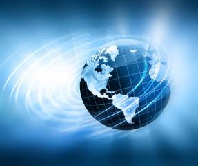 Best Internet Concept of global business. Globe, glowing lines on technological background. Electronics, Wi-Fi, rays, symbols Internet, television, mobile and satellite communications