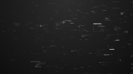 random elements, digits, arrows and other items  on dark background 