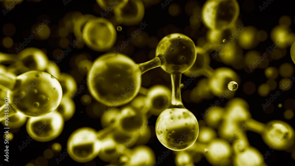 Poster abstract glass molecule sctructure, macro shot 3d render with depth of field
