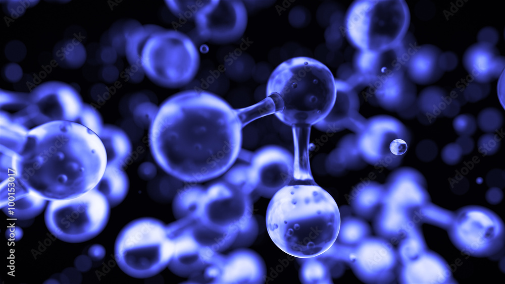 Poster abstract glass molecule sctructure, macro shot 3d render with depth of field